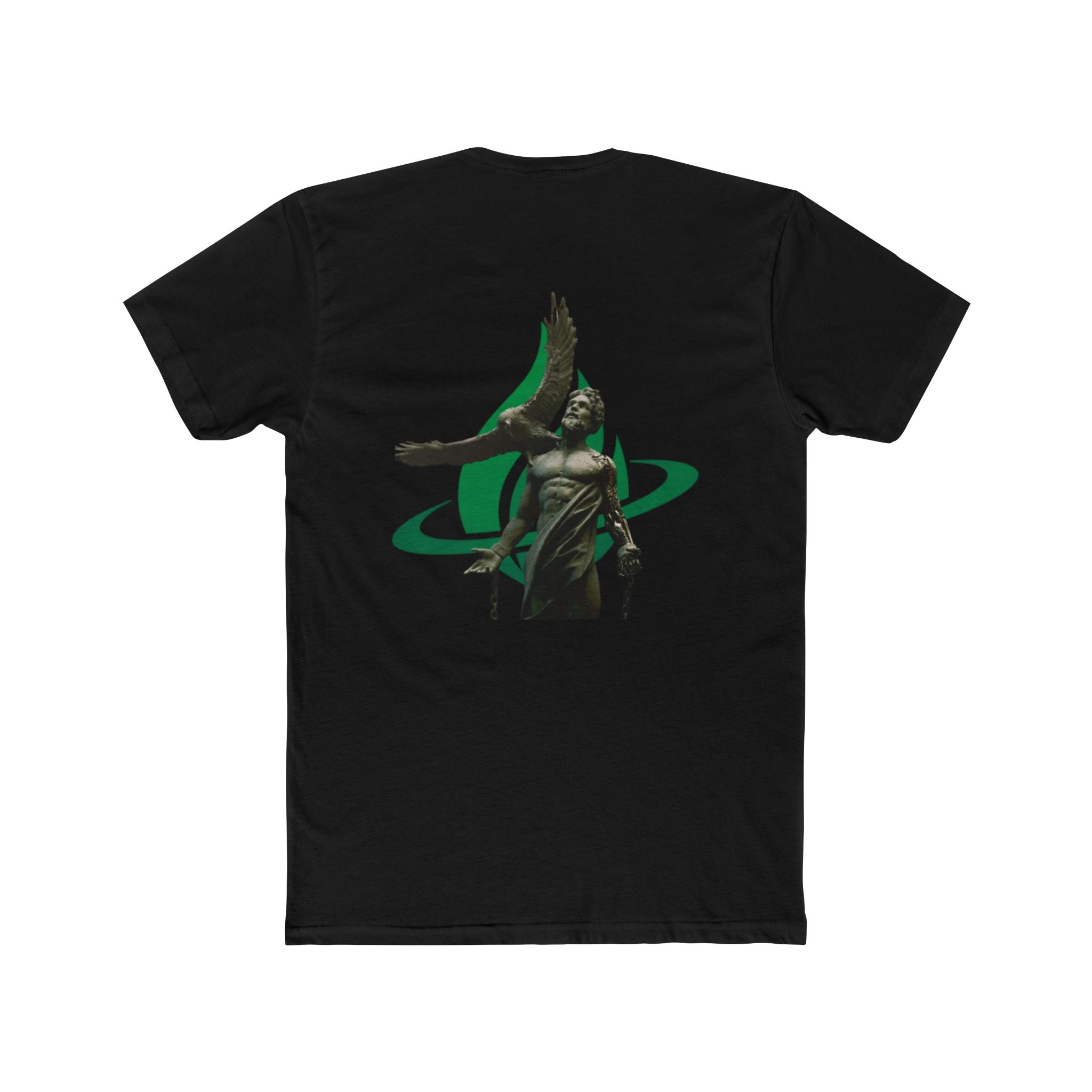 Prometheus Statue Graphic Tee — Mythic Green Flame Logo T-Shirt