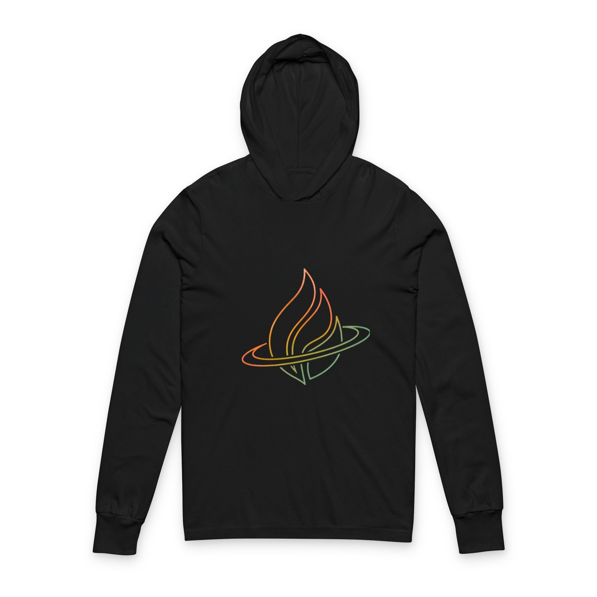 Hooded Long Sleeve Tee — Rainbow Flame Orb Graphic